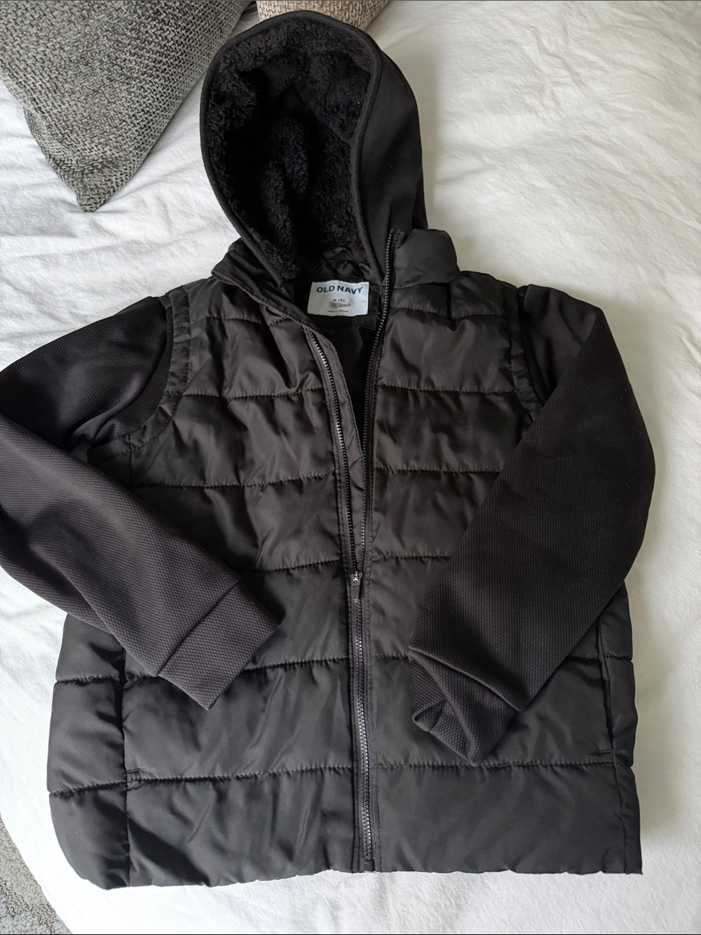 Old Navy Kids Black Hooded Puffer Jacket with Knit Sleeves